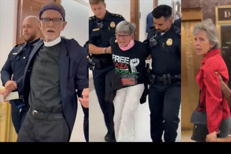 US Episcopal priest Rev David Funkhouser departs a US Govt hearing alongside Quaker and peace activists.