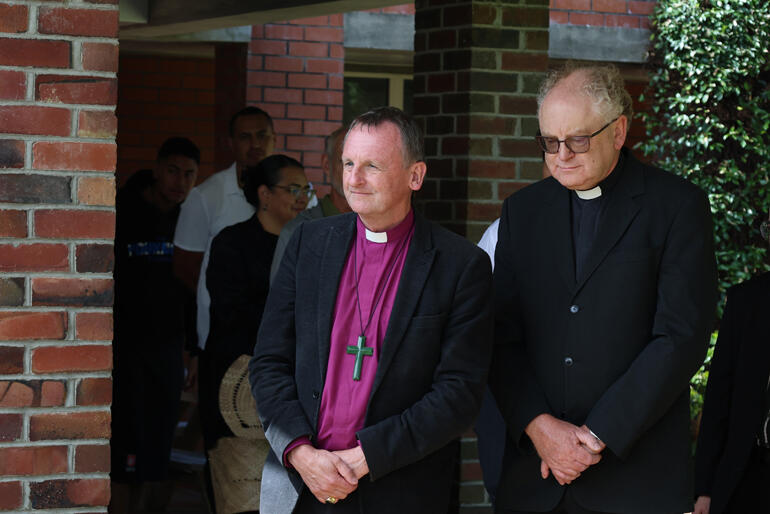 Bishop of Auckland Ross Bay and Christchurch Archdeacon for Ministry Nick Mountfort accompany their students at Hoani Tapu's opening. 