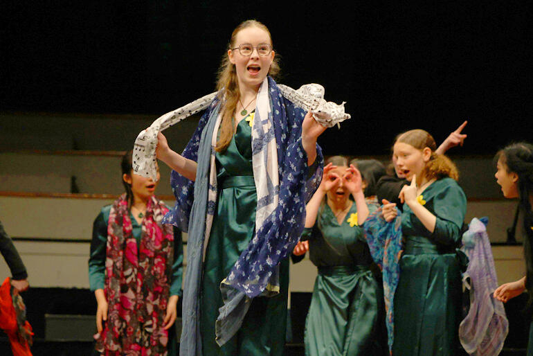 Jen Chisholm from Samuel Marsden Collegiate takes the lead in a theatrical number at The Big Sing Finale 2025.