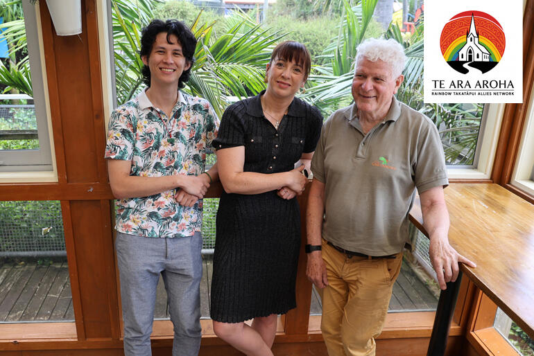 Te Ara Aroha Rainbow Takatāpui Allies Network Steering Group members Etienne Wain and Frances Brown and Dr Peter Lineham.