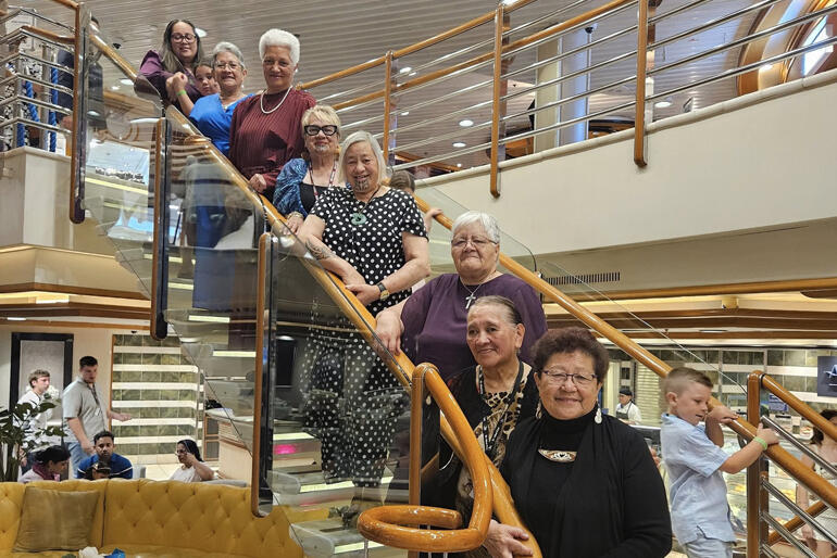 Widow Ven Mere Wallace (4th up) joins a cruise along with Kāhui Wāhine members, including some fellow widows, November 2025.