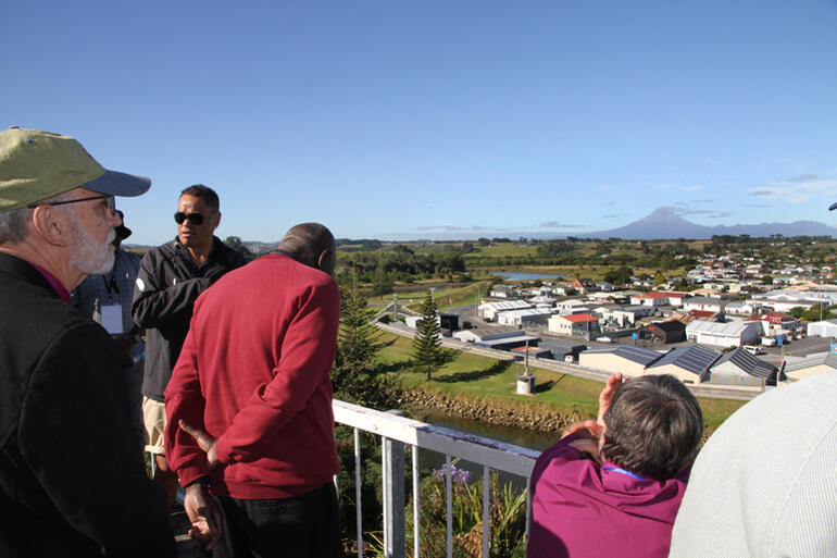 Looking from Manukōrihi across the Pekapeka Block. L-R: Bp Robert Fitzpatrick (Hawaii), Damon Ritai, Bp Anthony Poggo, Abp Philip R.