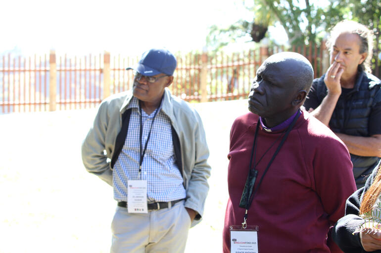 Melanesia Gen. Sec. Abraham Hauriasi, ACO Secretary General, Bishop Anthony Poggo and Archbishop Justin Duckworth tune in to Taranaki history.