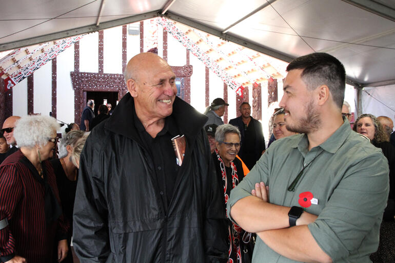 Former administrator for Te Hui Amorangi ki Te Manawa o Te Wheke Ron McGough catches up with Rev Dr Ben Ong as people move towards the church.