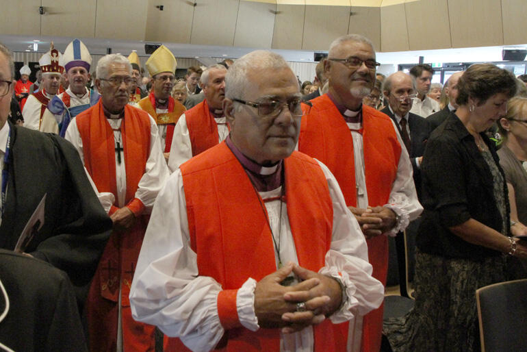 Bishop 'Afa Vaka joins the procession of bishops after the celebration of Bishop Peter Carrell's ordination in Christchurch in 2019.